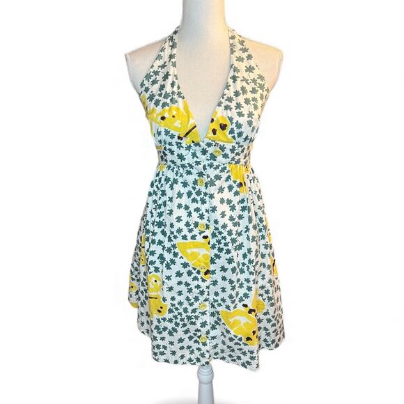 Vintage Y2K Betsey Johnson Butterfly halter mini dress whimsical green & yellow - Picture 2 of 10